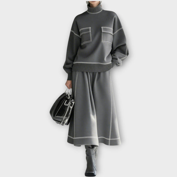 Sadie | Ensemble deux pièces gris anthracite à col montant et jupe midi