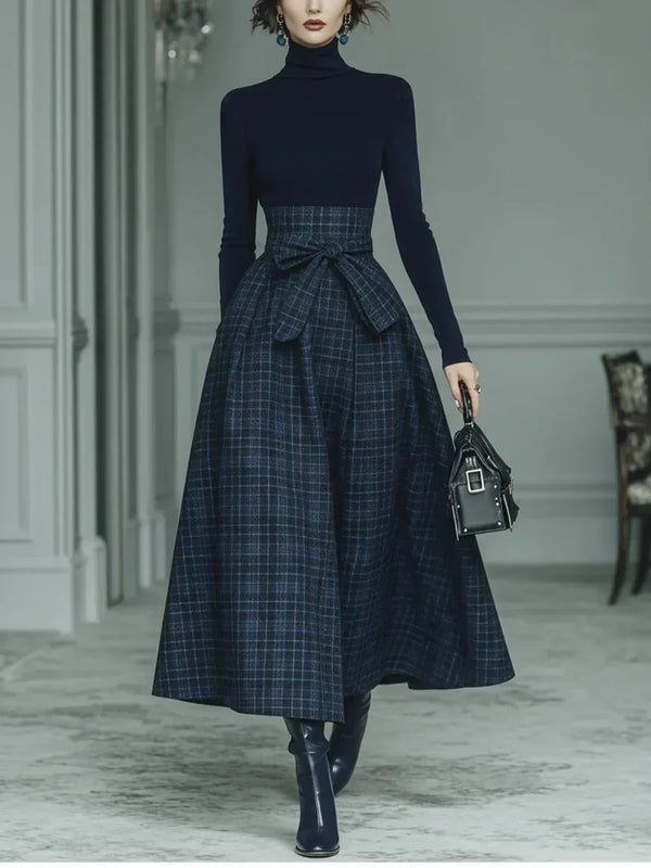 Iris | Plaid Skirt Set, High Neck Long Sleeve Top