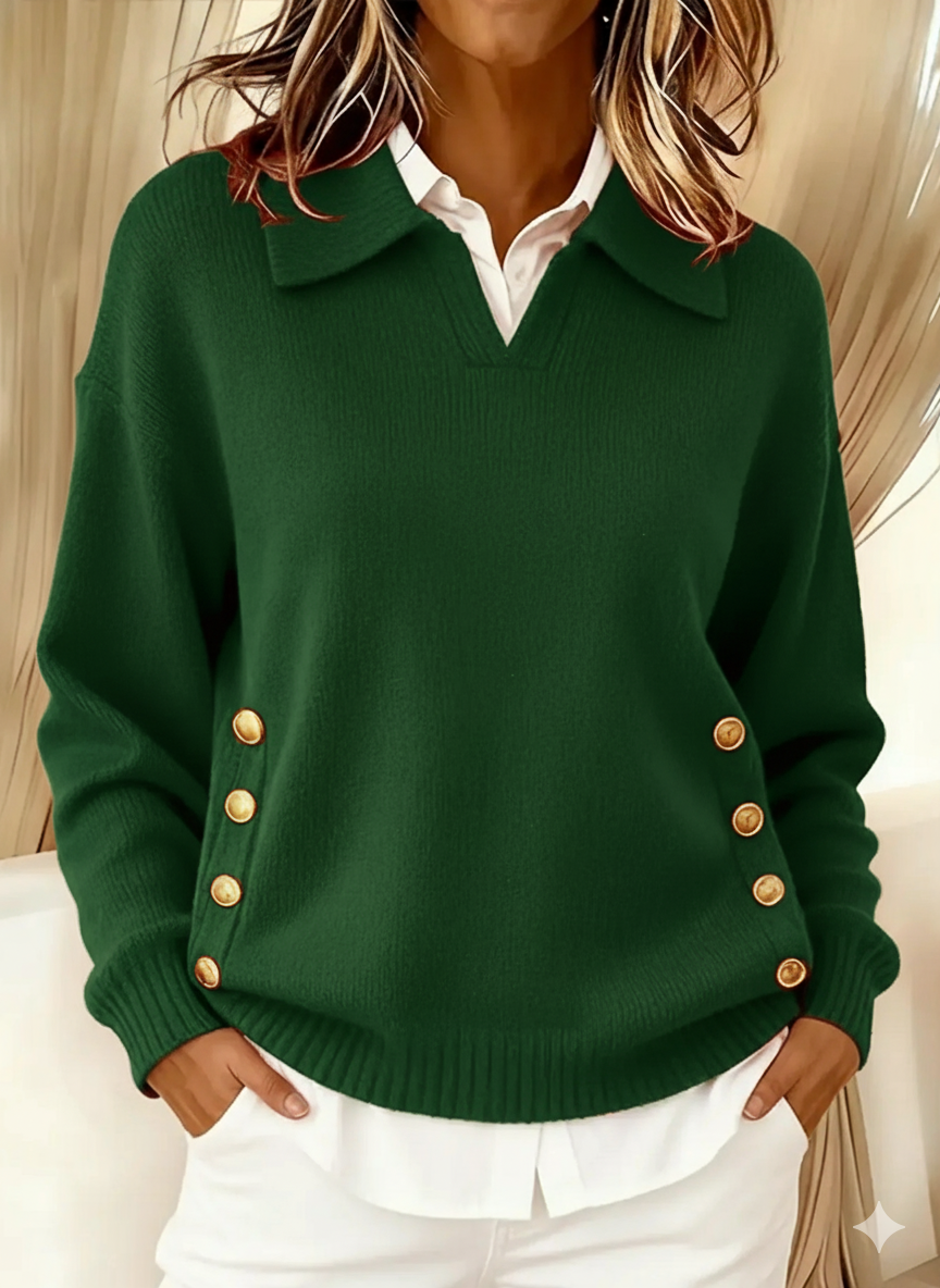 Woman wearing V-neck collared sweater with gold buttons