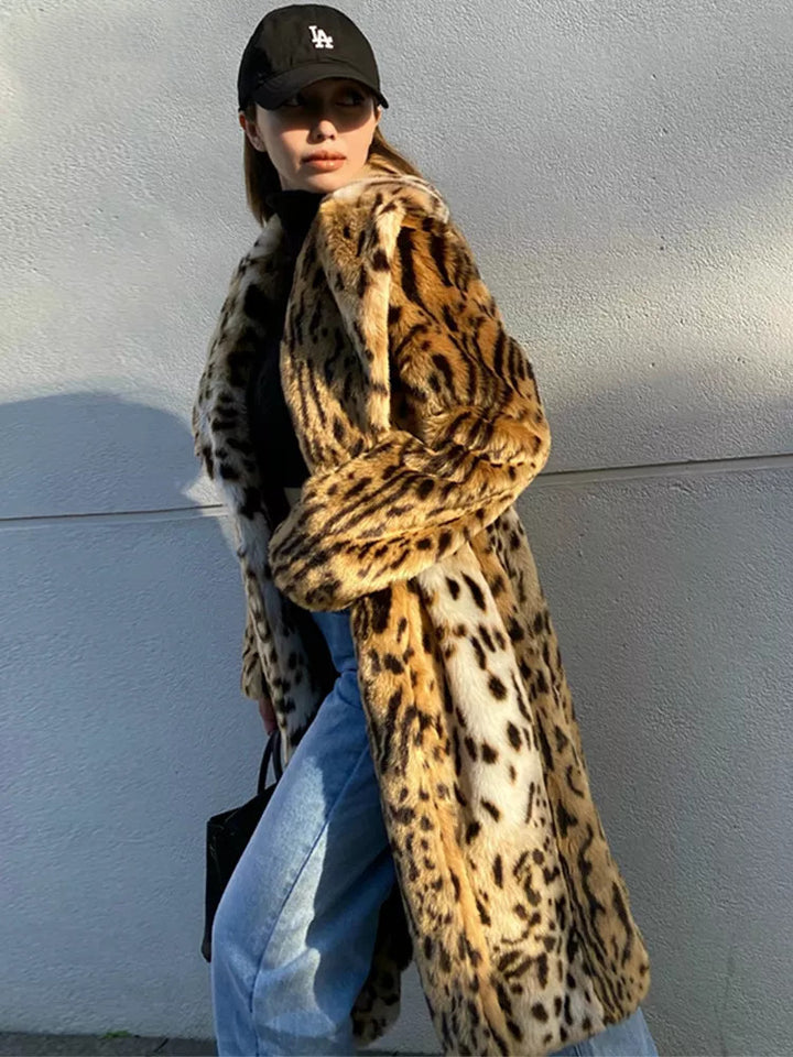 Woman wearing long leopard print faux fur coat