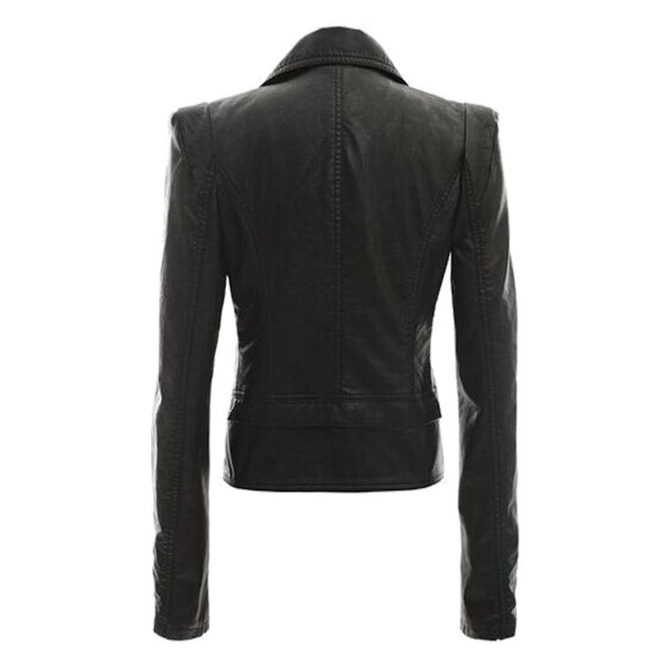 Women's black faux leather motorcycle jacket front view