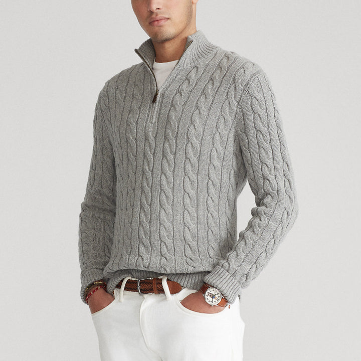 Men's gray slim fit turtleneck sweater on model