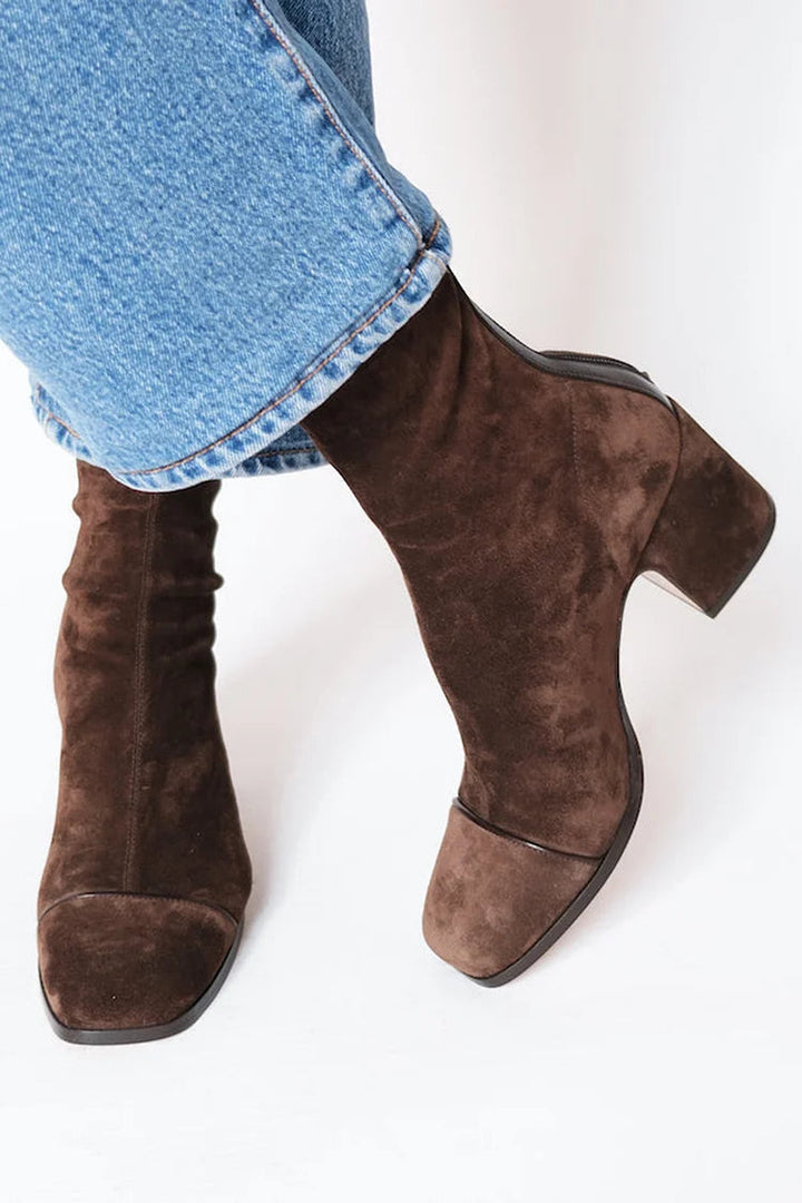 Dark brown square toe block heel boots for women
