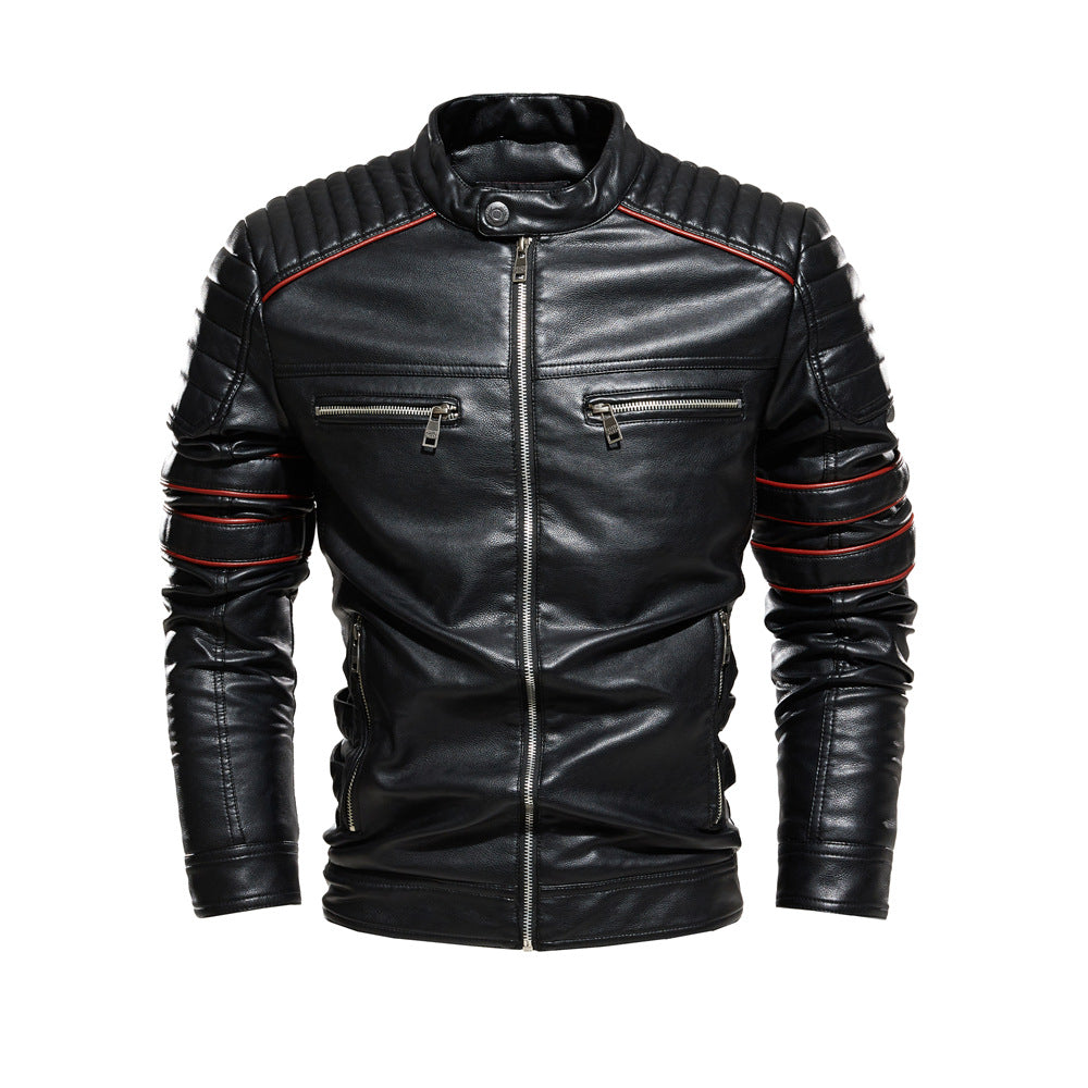 Men's motorcycle jacket with stand-up collar, front view