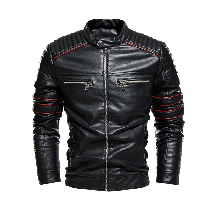 Men's motorcycle jacket with stand-up collar, front view
