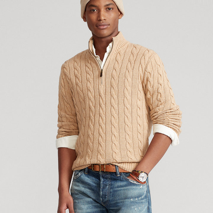 Men's gray slim fit turtleneck sweater on model