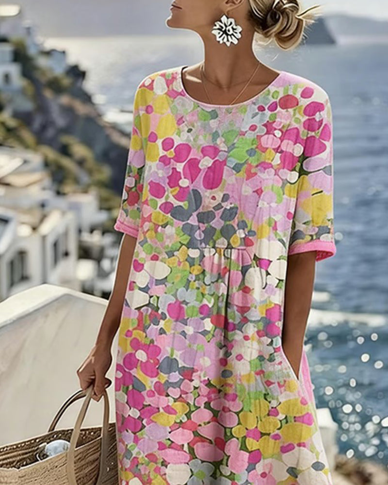 Woman wearing abstract floral print midi dress outdoors