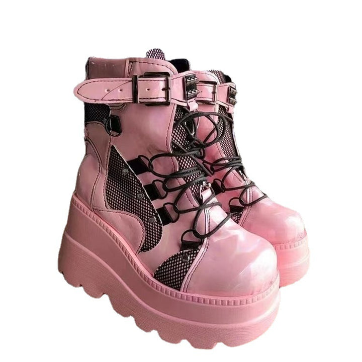 Pink platform wedge mid-calf boots for women