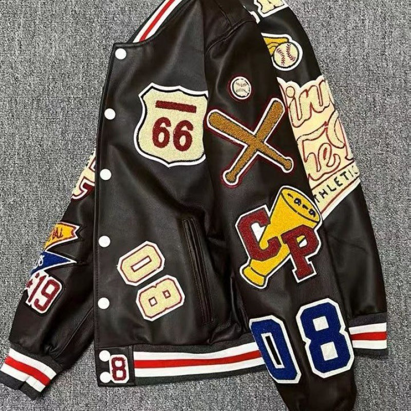 Men's leather bomber jacket with standing collar, front view