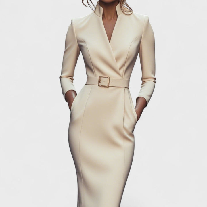 Indie | Elegant belted dress with mandarin collar
