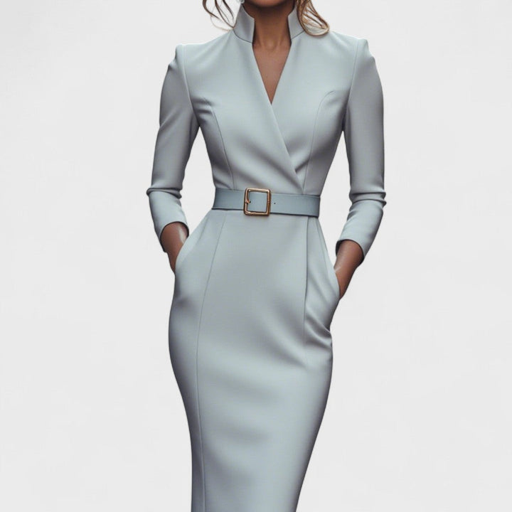 Indie | Elegant belted dress with mandarin collar