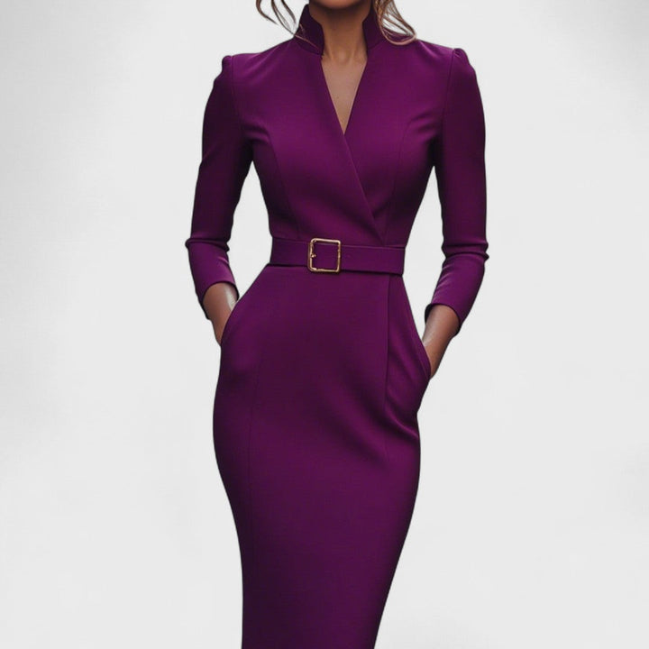 Indie | Elegant belted dress with mandarin collar