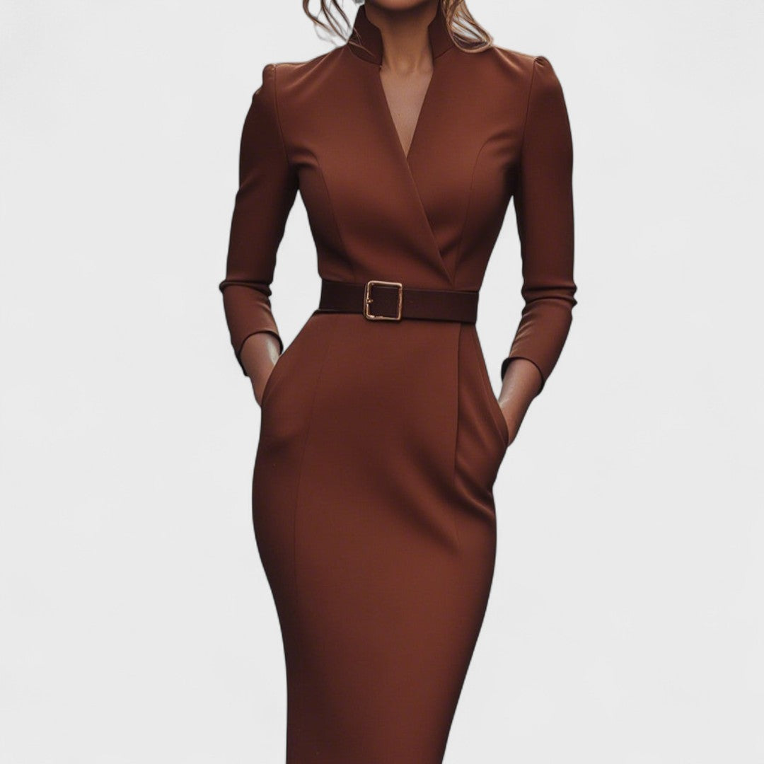 Indie | Elegant belted dress with mandarin collar