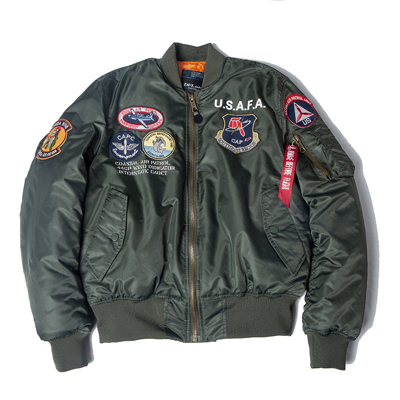 Men's zip-up bomber jacket with stand collar, front view