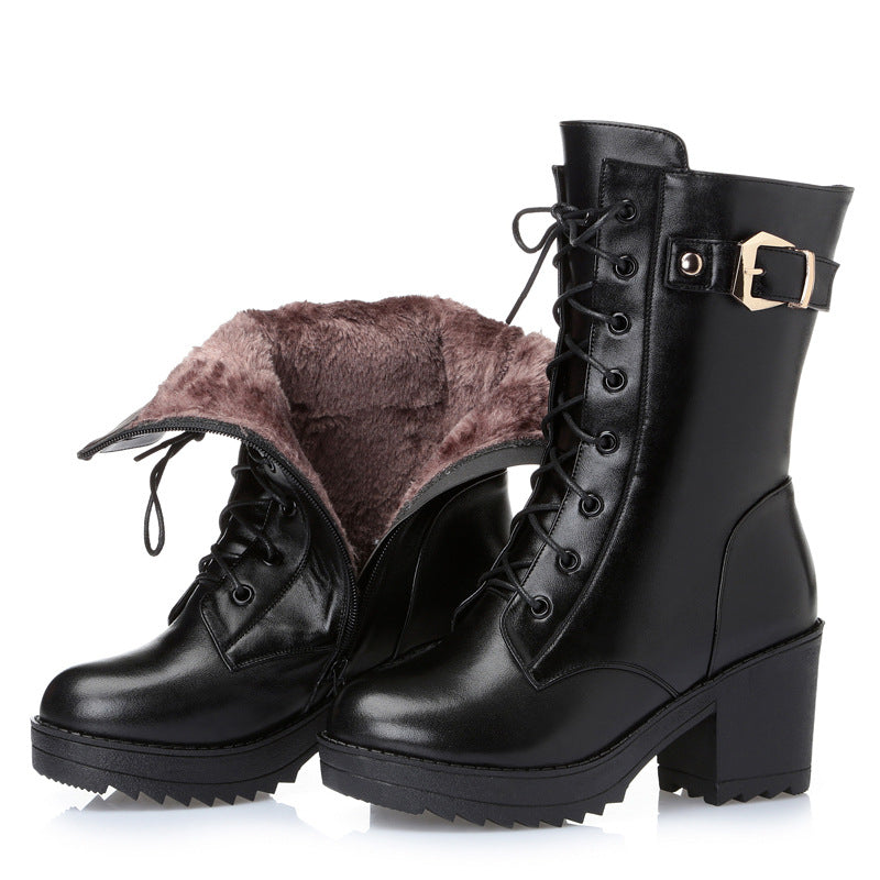 Women's black leather Martin boots with chunky heel