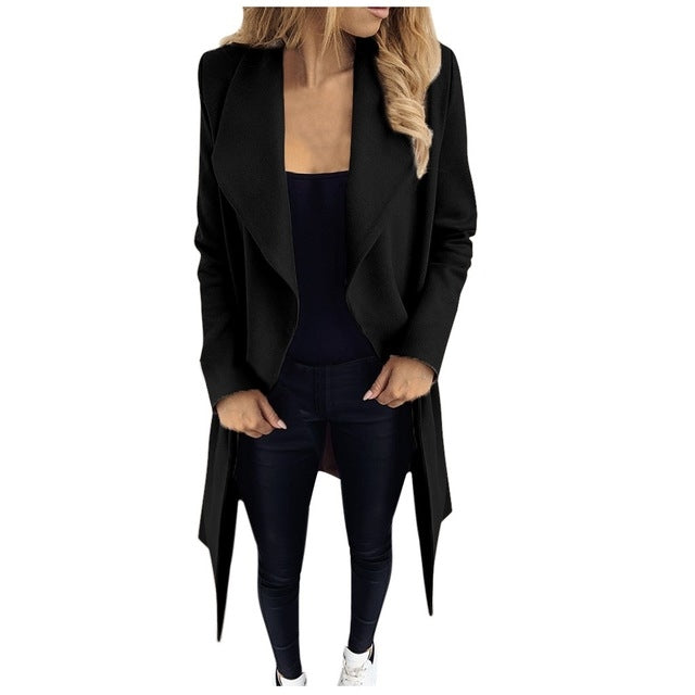 Woman wearing long open front wool coat with waterfall lapel – Detail view 9
