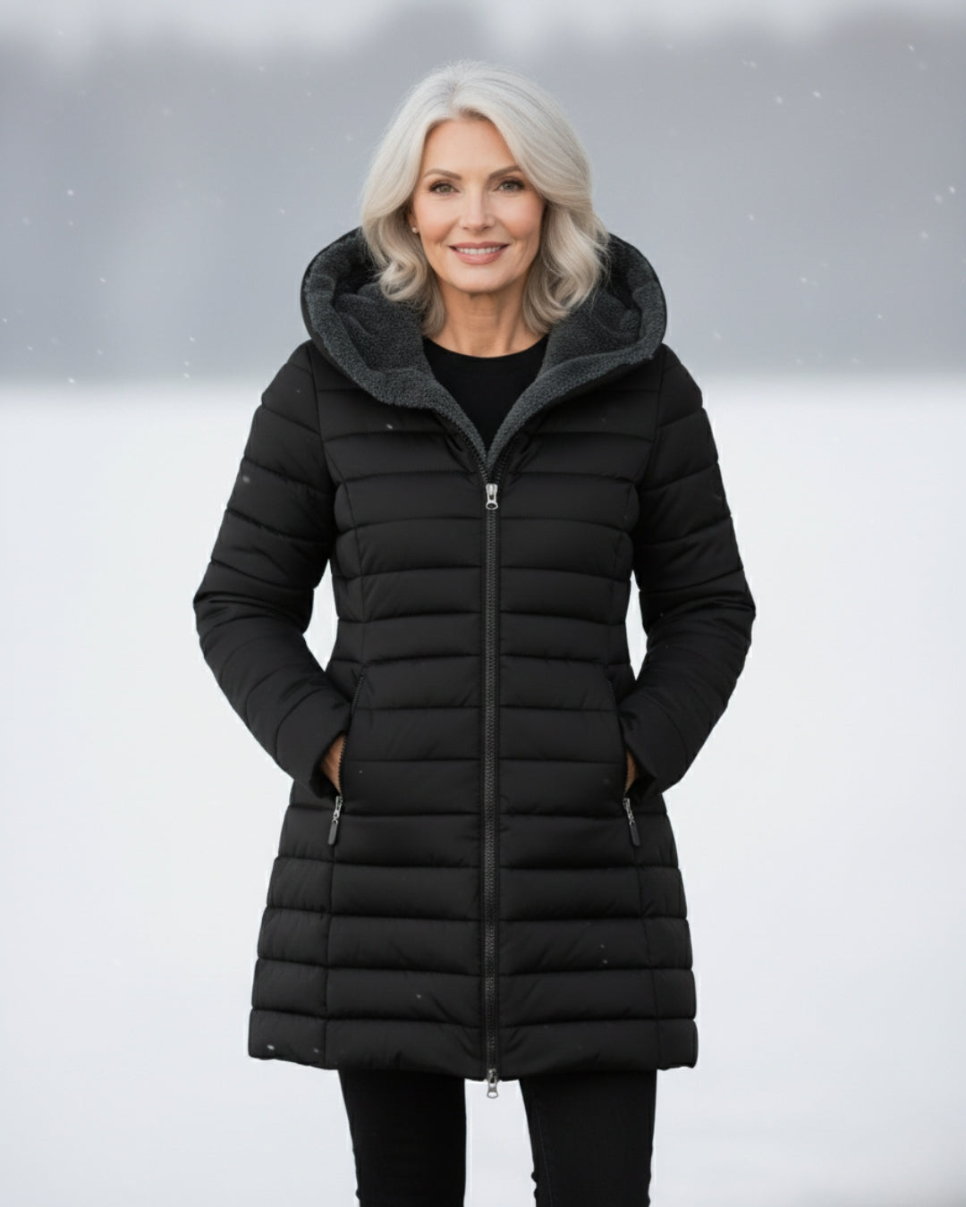 Woman wearing fleece-lined A-line puffer coat outdoors