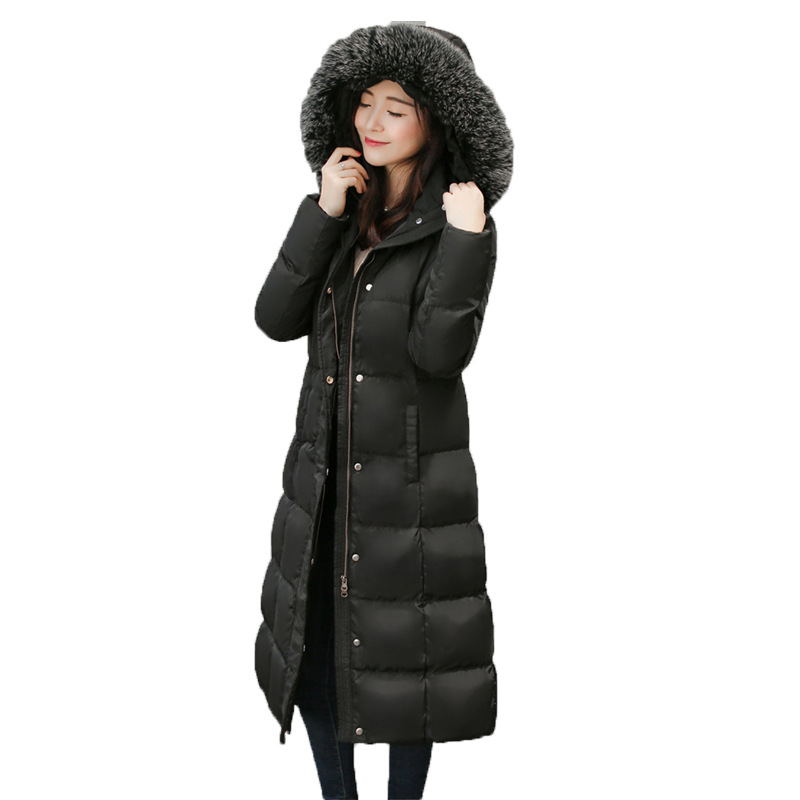 Long down jacket with hood and fur collar