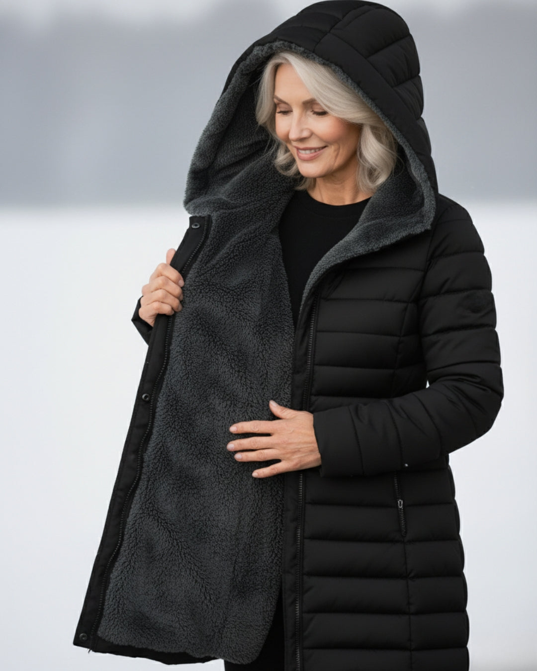 Woman wearing fleece-lined A-line puffer coat outdoors