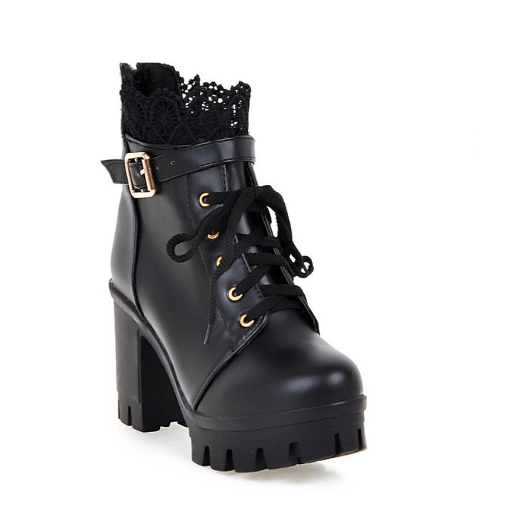 Women's black lace-up square heel ankle boots with side zip