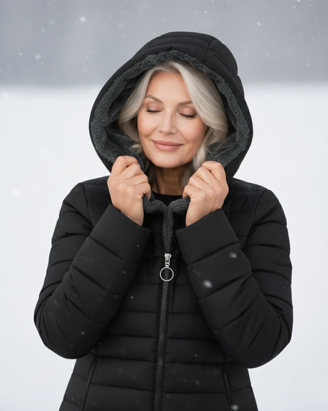 Woman wearing fleece-lined A-line puffer coat outdoors