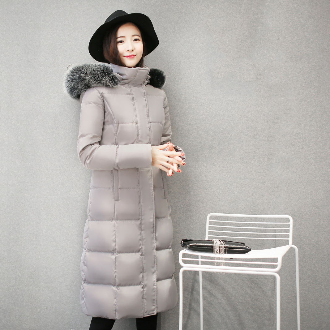 Long down jacket with hood and fur collar