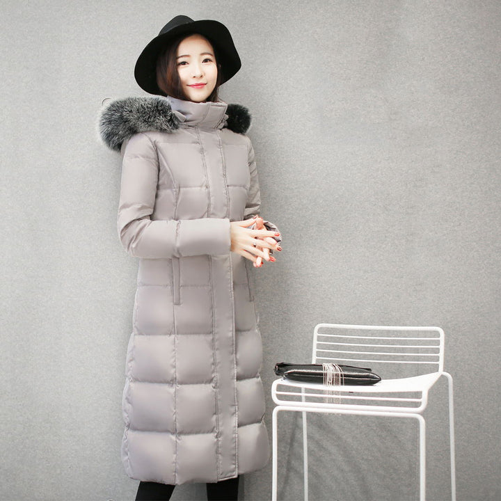 Long down jacket with hood and fur collar