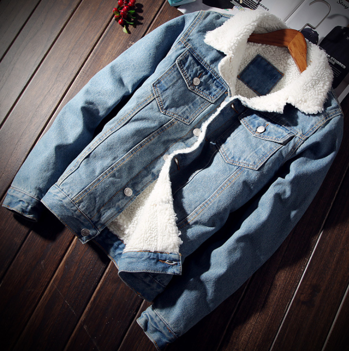 Men's fleece lined denim jacket with lapel collar