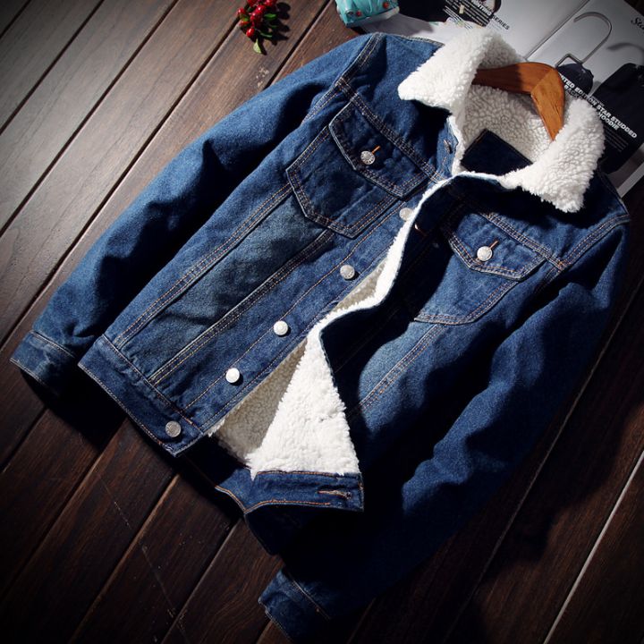 Men's fleece lined denim jacket with lapel collar