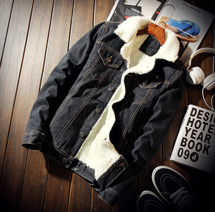 Men's fleece lined denim jacket with lapel collar