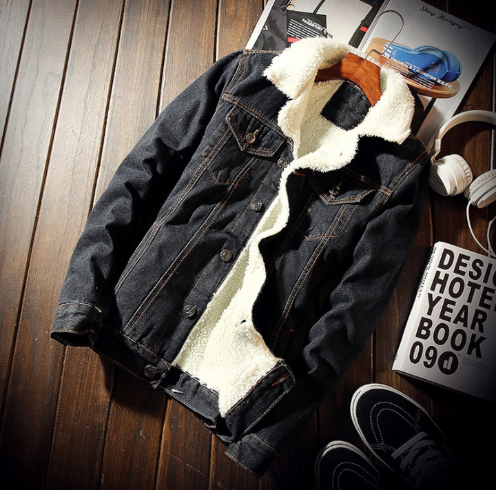 Men's fleece lined denim jacket with lapel collar