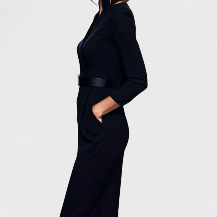 Indie | Elegant belted dress with mandarin collar