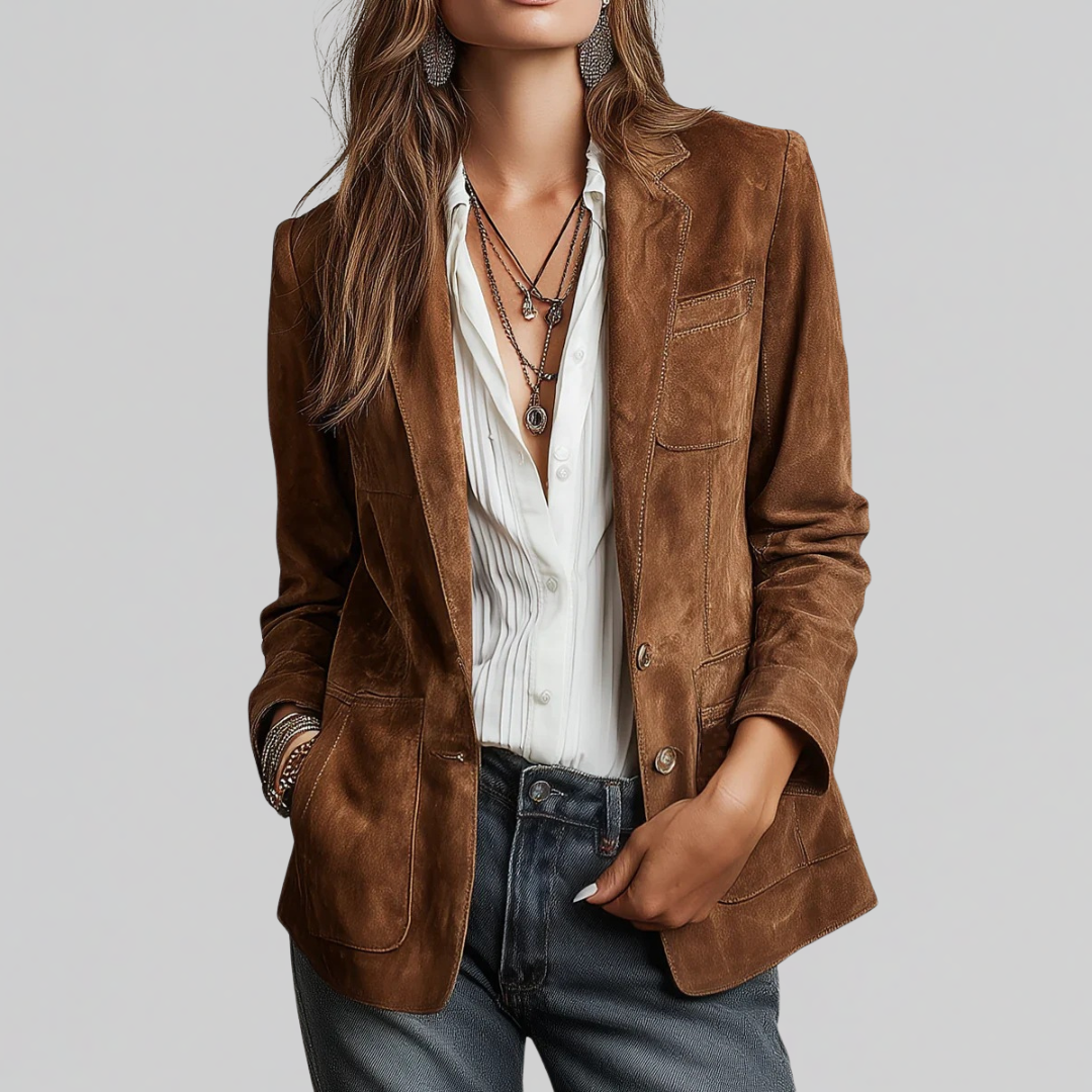Woman wearing brown relaxed fit button front blazer