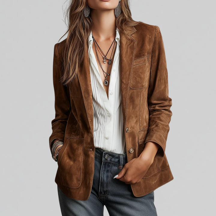 Woman wearing brown relaxed fit button front blazer