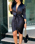 Laura | Tie-Front Long Sleeve Midi Shirt Dress with Ruched Front and Collar