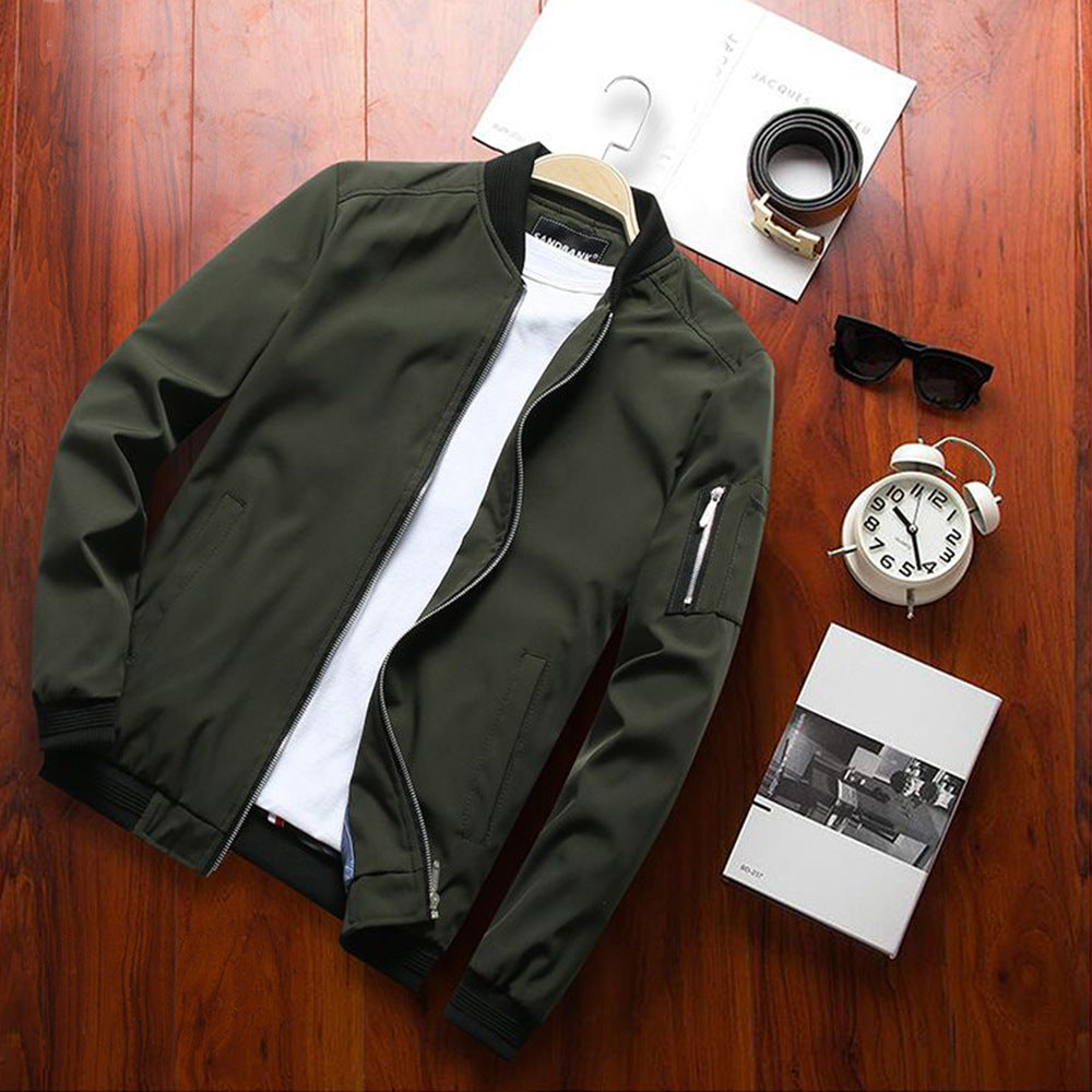 Men's khaki bomber jacket with front zipper on white background