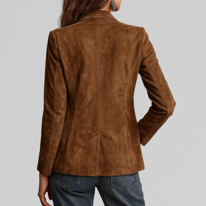 Woman wearing brown relaxed fit button front blazer