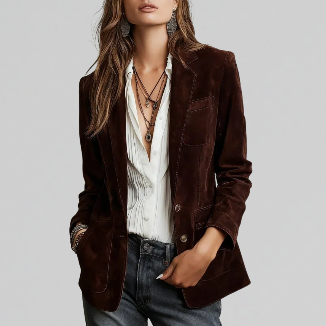 Woman wearing brown relaxed fit button front blazer