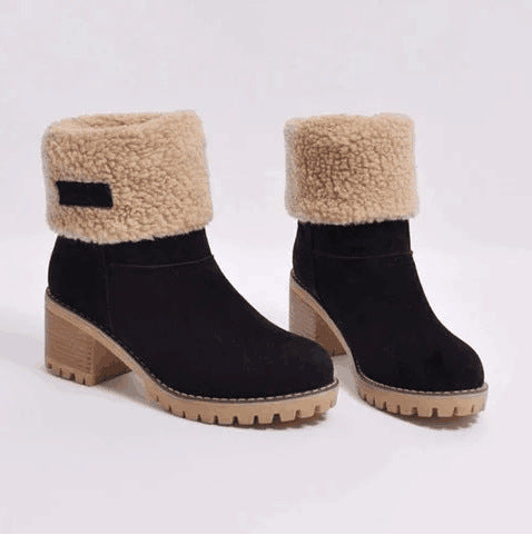 Women's black snow boots with low heel and round toe