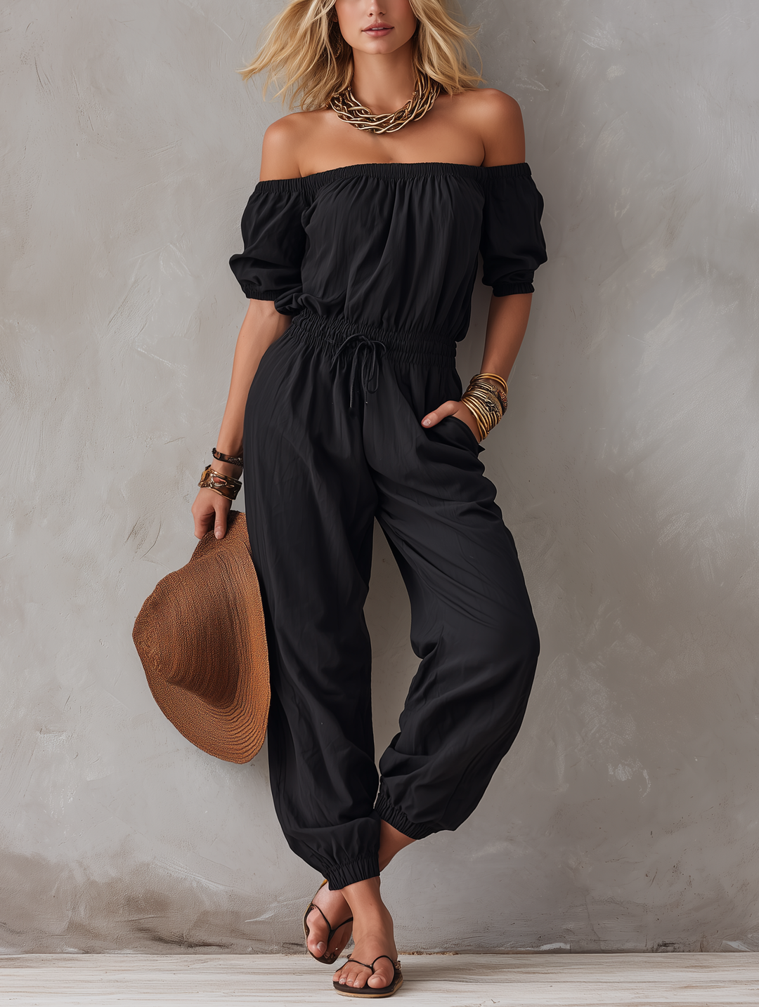 Black off-shoulder sleeveless full-length jumpsuit for women