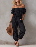 Mila | Black Off-Shoulder Jumpsuit with Short Puff Sleeves, Full-Length Loose Fit