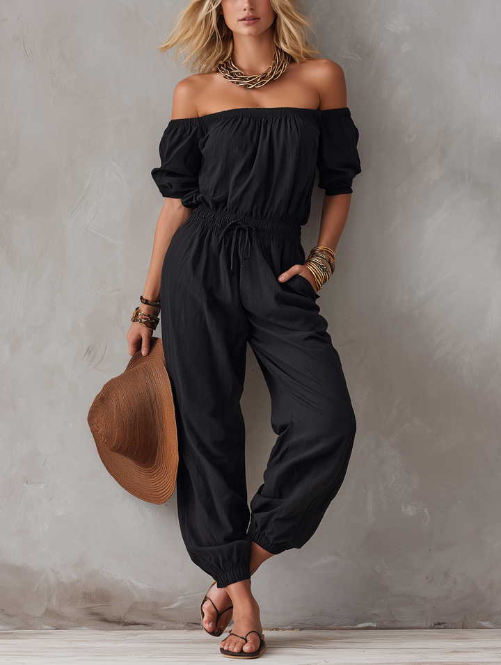 Black off-shoulder sleeveless full-length jumpsuit for women