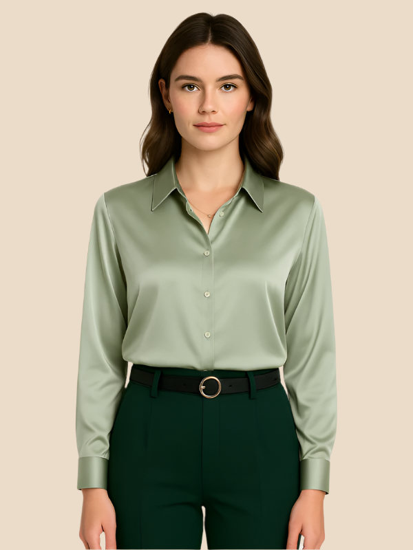 Philomena | Satin classic collar shirt - Green