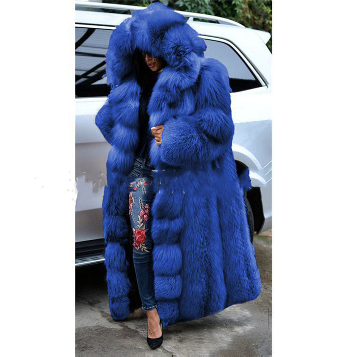 Women's long hooded faux fur coat, full-length front view