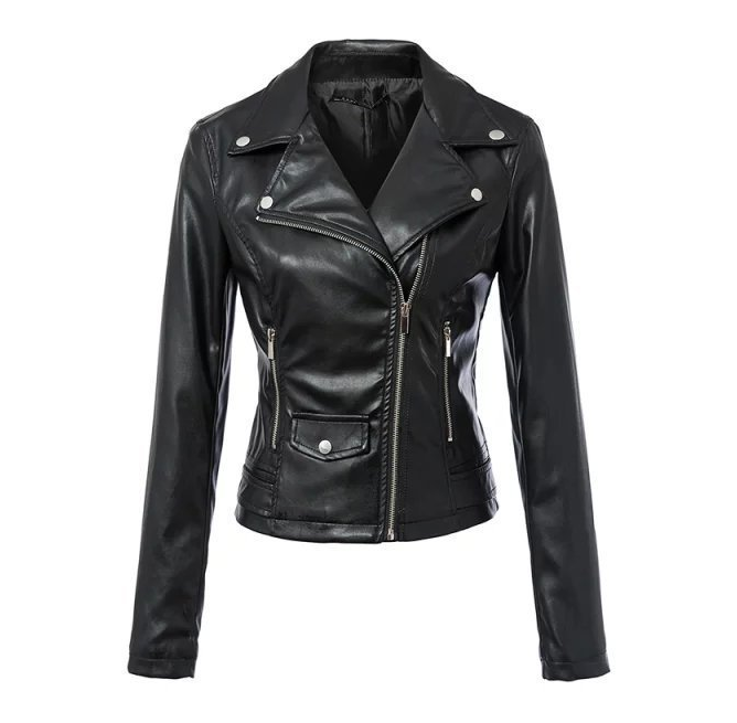 Women's black motorcycle jacket with biker style