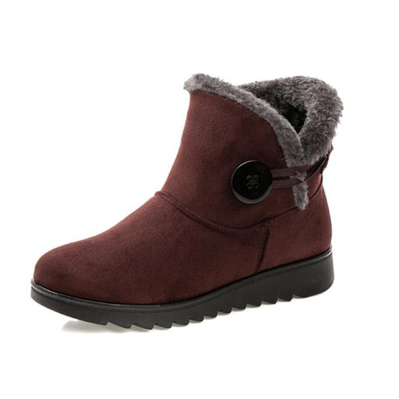 Women's black ankle snow boots with platform sole and button