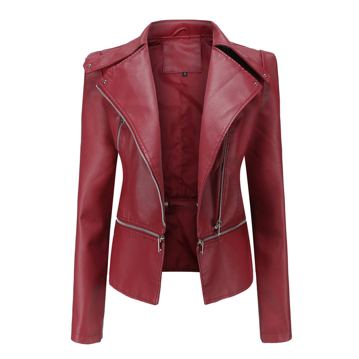 Women's black faux leather motorcycle jacket front view