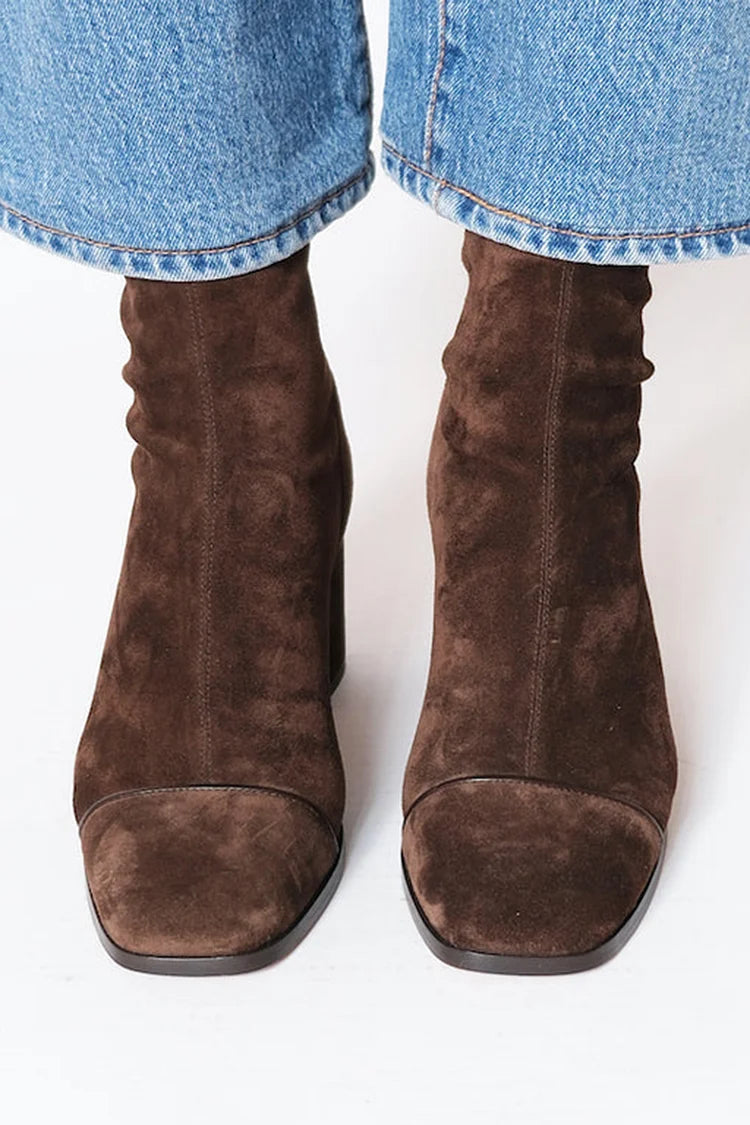 Dark brown square toe block heel boots for women