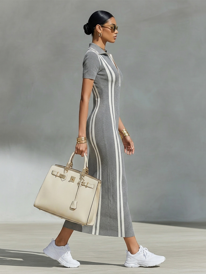 Woman wearing grey zip polo maxi dress with side stripes