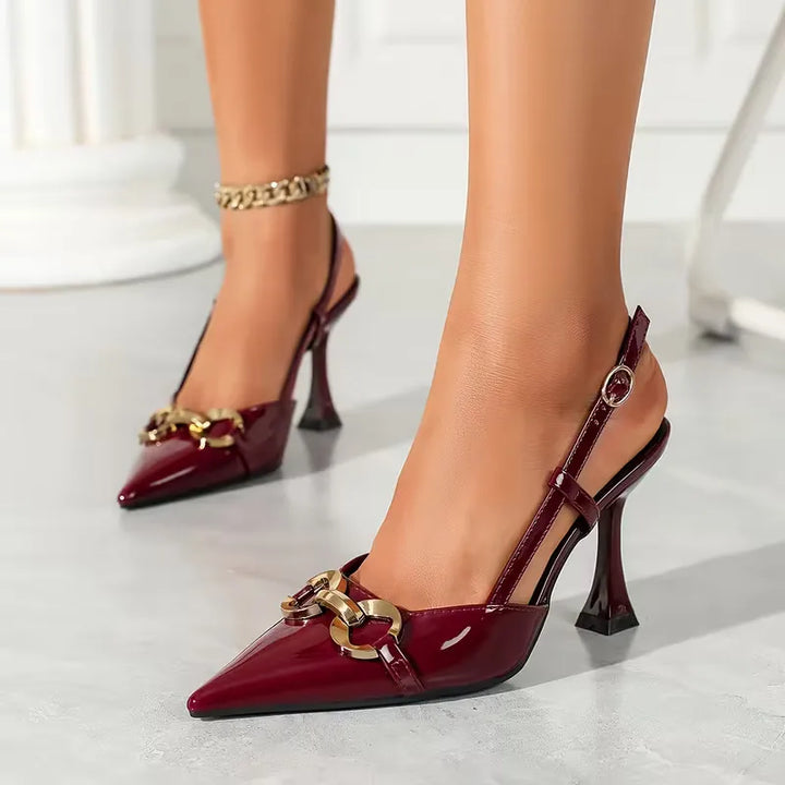 Evelyn | Black Slingback Heels with Gold Buckle